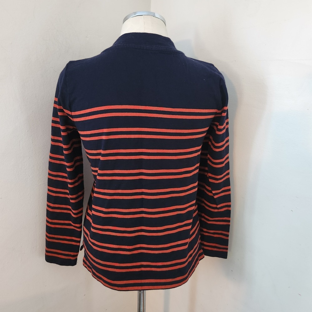 Talbots Petite Navy Blue Orange Striped Mock Neck Button Shoulder Top SP - Picture 2 of 6
